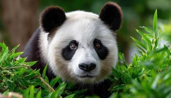 Panda Eating Bamboo Natural Habitat Wildlife Photography Lush Green Background Copyspace photo