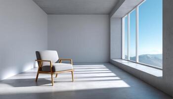 Minimalist Chair in Bright Room with Mountain Background and Copyspace for Design Inspiration photo