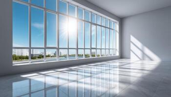 Modern Office Interior with Large Windows Bright Background Copyspace Stylish Design photo