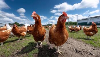 Free-Ranging Chickens in a Farm Field Nature Scene Vibrant Background Copyspace for Text photo
