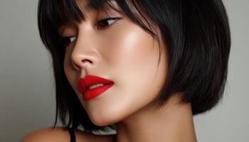 Elegant Portrait of a Woman with Red Lips Studio Background Close-Up Shot Copyspace photo