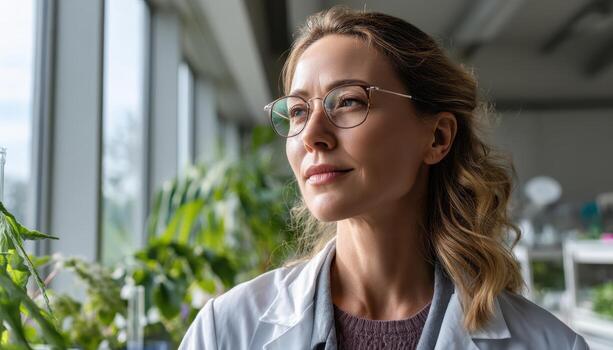 Researcher in Laboratory Nature Background Science Content Thoughtful Environment Copyspace Perspective photo