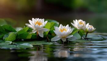 Tranquil Lotus Flowers on Water Surface Serene Pond Nature Photography Calm Background Copyspace photo