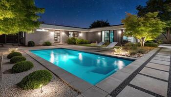 Elegant Modern Home Poolside Oasis at Night with Background Copyspace photo