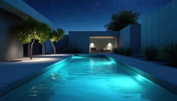 Relaxing Evening Poolside Scene with Background Copyspace Modern Architecture Nighttime Serenity photo
