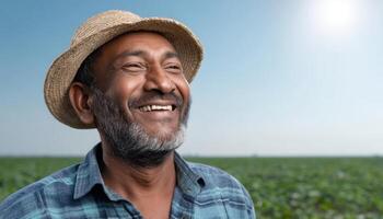 Happy Farmer Smiling in Lush Green Field Nature Background Copyspace for Inspiration photo