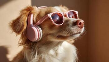 Charming Dog in Sunglasses Cozy Home Pet Photography Warm Background Copyspace for Branding photo