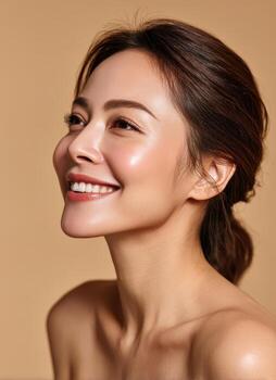 Radiant Smiling Woman Portrait Studio Setting Beauty Photography Soft Background Copyspace for Text photo