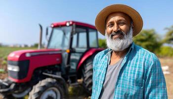 Tractor Farming Action Field Landscape Portrait Bright Background Copyspace photo