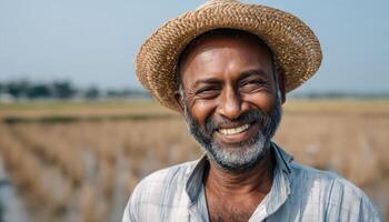Smiling Farmer in Rice Field Rural Setting Portrait Capture with Background and Copyspace photo