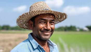 Smiling Farmer in a Rice Field Rural Landscape Background Copyspace for Text photo