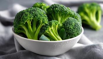 Fresh Broccoli in a White Bowl Kitchen Setting Food Photography Background Copyspace photo