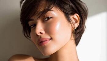 Portrait of a Young Woman Indoor Setting Close-up Shot Natural Light Background Copyspace photo