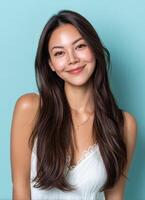 Smiling Young Woman Portrait Studio Background Copyspace Bright Environment Cheerful Concept photo