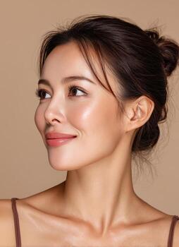 Elegant Portrait of a Smiling Woman with Soft Background Copyspace for Personal Branding photo