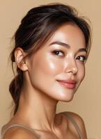 Elegant Woman Portrait Studio Setting Beauty Content Soft Background Copyspace for Branding photo