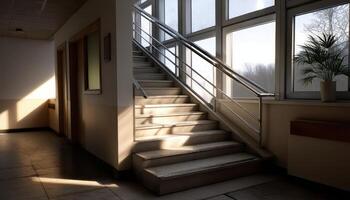 Staircase in Bright Hallway Modern Building Interior Design Sunlit Background Copyspace Available photo