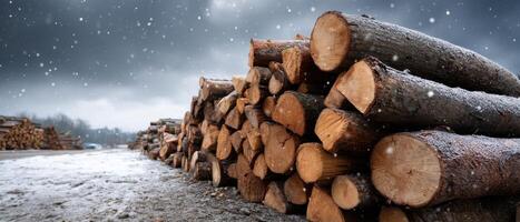 Snowy Woodpile Stacked in Nature Panoramic Background with Copyspace for Text photo