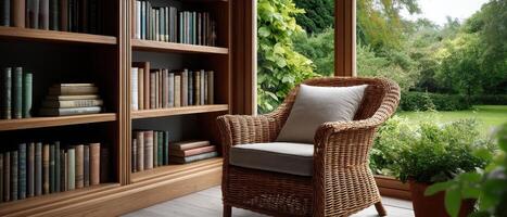 Cozy Reading Nook with Wicker Chair Home Library Indoor Space Lush Garden Background Copyspace photo