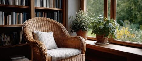 Cozy Reading Nook with Wicker Chair Home Library Interior Space Bright Background Copyspace photo