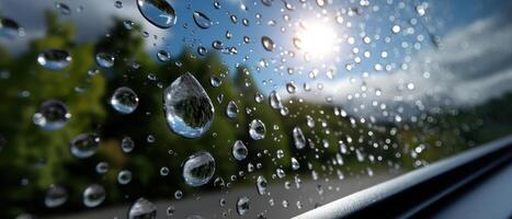 Water Droplets on Window Nature Scene Close-Up Shot Outdoor Background Copyspace photo