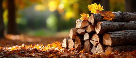 Vibrant Autumn Scenery with Woodpile and Colorful Leaves Nature Background Copyspace photo