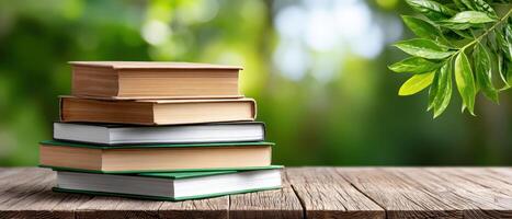 Books Stacked on Rustic Wooden Surface with Green Background and Copyspace for Creative Use photo