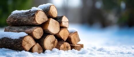 Neatly Stacked Woodpile in Winter Background Copyspace Available Closeup View Nature Concept photo
