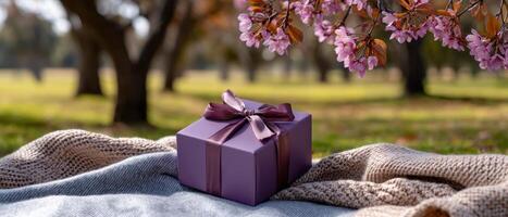 Elegant Purple Gift Box on Blanket Amidst Blooming Trees Outdoor Setting Nature Background Copyspace photo
