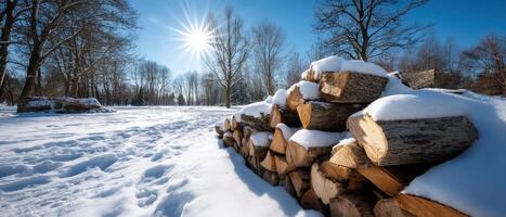 Winter Day Scene with Woodpile in a Snowy Clearing Nature Background Copyspace for Text photo