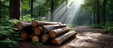 Woodpile in a Serene Forest Nature Scene Sunlight Beams Background Copyspace photo