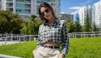 Trendy Woman in Cropped Flannel Shirt Urban Park Fashion Photography Daylight Background Copyspace photo