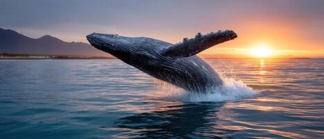 Whale Leaping in Sunset Waters Nature Scene with Background and Copyspace photo