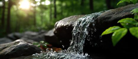 Sunlit Waterfall Cascading Over Smooth Rocks Nature Scene Background Copyspace photo