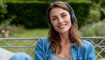 Casual Portrait of a Smiling Woman in Headphones Garden Background Lifestyle Content with Copyspace photo