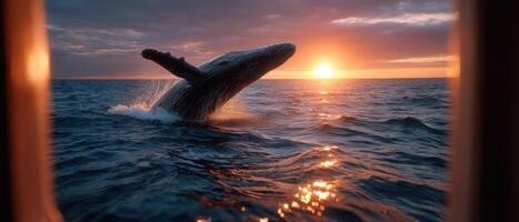 Whale Leaping Out of Water Ocean Sunset High Fidelity Background Copyspace Viewpoint photo