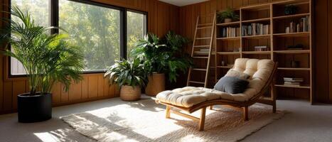 Inviting Reading Room with Vintage Rug and High Fidelity Chairs Cozy Environment Background with Copyspace photo