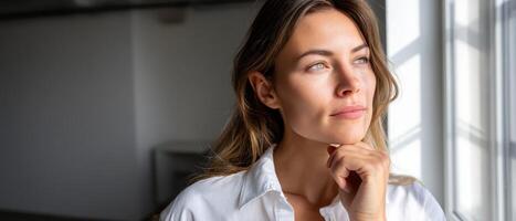 Thoughtful Confident Office Woman Near Desk Modern Workspace Portrait Bright Background Copyspace photo