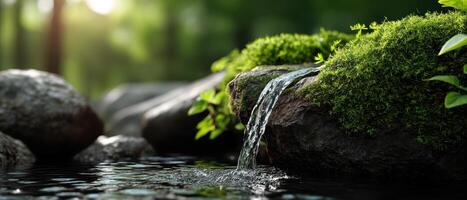 Gentle Waterfall Over Mossy Stones in Nature Tranquil Background Copyspace for Serenity photo