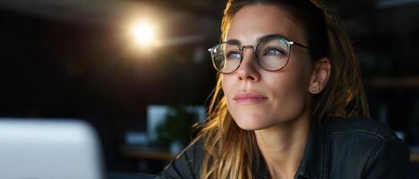Focused Office Woman Working on Laptop in Sunlit Space with Background Copyspace photo