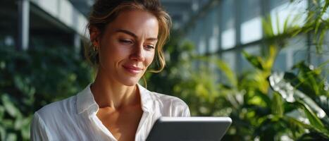 Professional Woman Using Tablet in Sunlit Office Background Copyspace for Business Insights photo