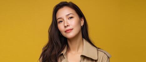 Calm Young Asian Woman Portrait Yellow Background Copyspace Studio Environment Serene Expression photo