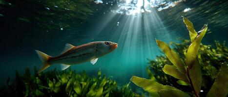 Underwater Serenity A Sole Fish in a Tranquil Aquatic Background with Copyspace photo