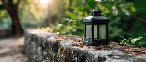 Antique Lantern on Weathered Stone Wall Outdoor Setting Nature Background Copyspace Available photo