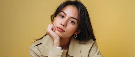Artistic Portrait of a Young Asian Woman in a Yellow Background with Copyspace for Creativity photo