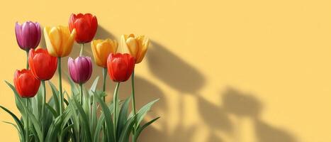 Vibrant Tulip Garden in a Sunny Park Colorful Blooms Against a Yellow Background Copyspace photo