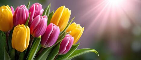 Vibrant Tulip Bouquet in Cheerful Light Nature Background Copyspace Floral Arrangement photo