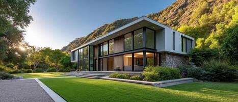 Modern House Surrounded by Lush Green Landscape Outdoor Setting Copyspace Background for SEO Impact photo