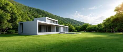 Modern House in Lush Green Landscape with Background Copyspace for Stunning Visual Appeal photo