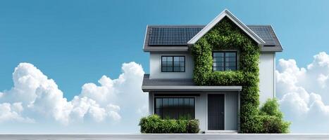 Eco-Friendly Stylish Residence with Solar Panels Modern Architecture Blue Sky Background Copyspace photo